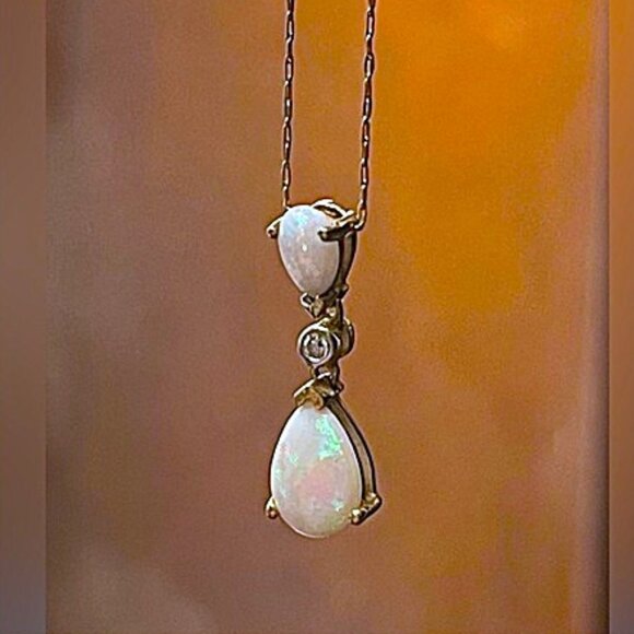 Beautiful Double Opal Pendant Solid 14k Gold w/14k 20" Chain Stamped 14k - Picture 1 of 9